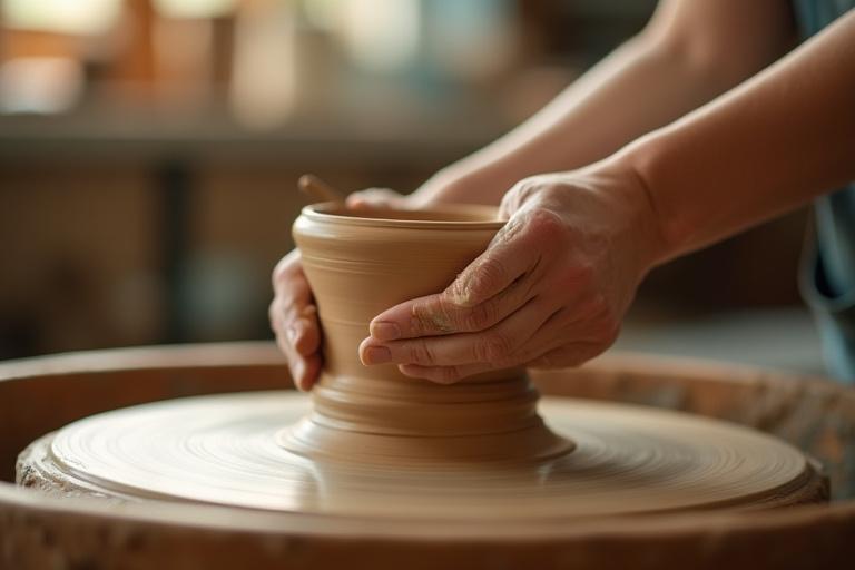 Hands shaping clay on a pottery wheel